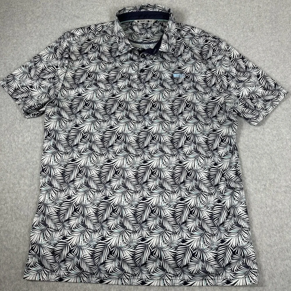Black Clover‎ Men's Golf Polo Shirt XL AOP Palm Leaf Black White Stretch